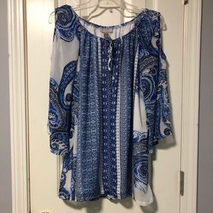 Roz & Ali blue sheer top with cold shoulder. M.